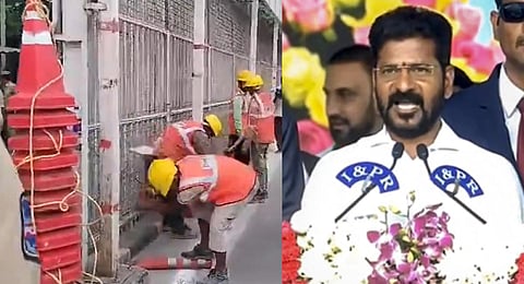 Workers removing barricades in front of Pragathi Bhavan, Revanth Reddy swearing-in as CM.(Photo | Screengrab from X , PTI)