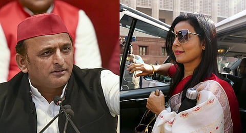 A collage of Samajwadi Party chief Akhilesh Yadav (L) and expelled TMC MP Mahua Moitra. (Photo | PTI)