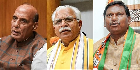 BJP leaders Rajnath Singh, Manohar Lal Khattar and Arjun Munda.( PTI)