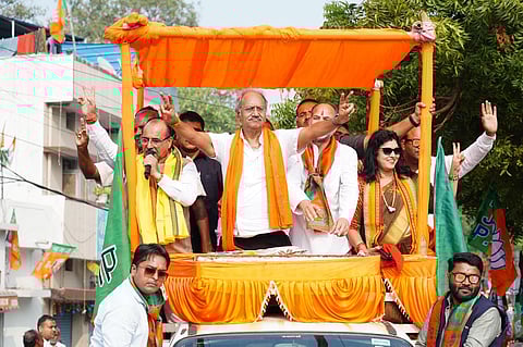 BJP leader Brijmohan Agrawal during poll campaign. (Photo | Special Arrangement)