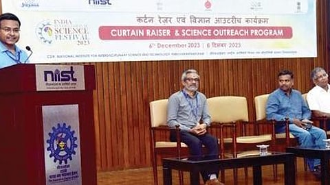 C Anandharamakrishnan, director, CSIR-NIIST, delivering the presidential address at the Science Outreach Programme for students held on the institute’s campus in Thiruvananthapuram on Wednesday.