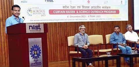 C Anandharamakrishnan, director, CSIR-NIIST, delivering the presidential address at the Science Outreach Programme for students held on the institute’s campus in Thiruvananthapuram on Wednesday