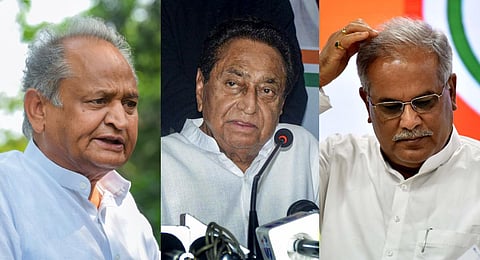(L to R) Outgoing Rajasthan CM Ashok Gehlot, former CM of Madhya Pradesh Kamal Nath and outgoing Chhattisgarh CM Bhupesh Baghel. (Photo | PTI)