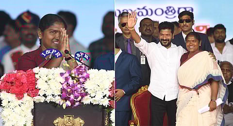 Dansari Anasuya or 'Seethakka' being sworn in as minister in the new Telangana Cabinet on December 7, 2023. (Vinay Madapu)