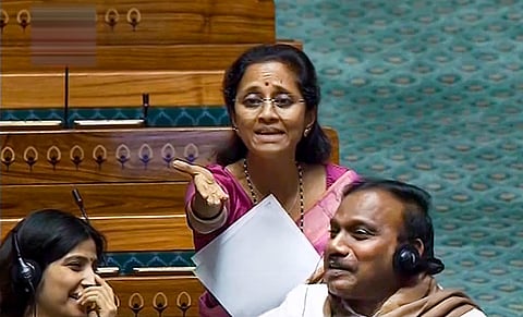 NCP MP Supriya Sule speaks in the Lok Sabha during the Winter session of Parliament, in New Delhi, Wednesday, Dec. 6, 2023. (PTI)