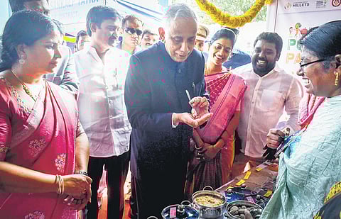 Governor S Abdul Nazeer takes part in the Viksit Bharat Sankalp Yatra programme at Tummalapalli Kalakshetram in Vijayawada on Thursday I Prasant Madugula
