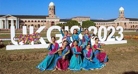 Artists rehearse for the upcoming Uttarakhand Global Investors Summit, at Forest Research Institute (FRI) in Dehradun, Thursday, Dec. 7, 2023. (PTI)