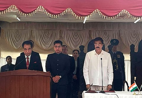 Zoram People's Movement (ZPM) leader Lalduhoma takes oath as the Chief Minister of Mizoram during the swearing-in ceremony, in Aizawl on Friday, December 8, 2023. (Photo | PTI)