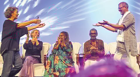 Actor Nana Patekar greeting IFFK jury chairman Rita Azevedo Gomes at the opening ceremony of the 28th International Film Festival of Kerala at Nishagandhi auditorium in Thiruvananthapuram on Friday. I