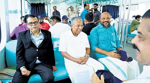 Chief Minister Pinarayi Vijayan and his cabinet colleagues travelling in the Kochi Water Metro from High Court Junction to Vypeen on Friday