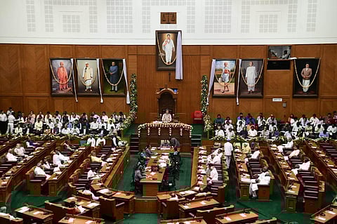 A file photo of the portrait of Veer Savarkar (extreme right) inside the Assembly Hall in Suvarna Vidhana Soudha in Belagavi. (Photo | Express)