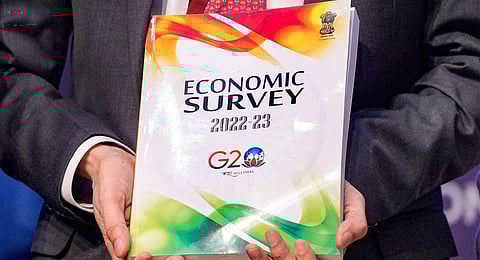 'Economic Survey 2022-23' presented by Chief Economic Advisor V. Anantha Nageswaran, during a press conference, in New Delhi, Tuesday, Jan. 31, 2023. (PTI)
