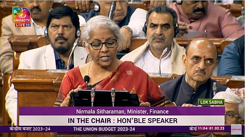 Finance Minister Nirmala Sitharaman presents the Union Budget 2023 in the Lok Sabha on Feb 1, 2023. (Sansad TV screengrab)