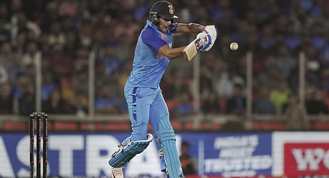 India's Shubman Gill plays a shot during the third T20 cricket match between India and New Zealand, at Narendra Modi Stadium. (Photo | PTI)