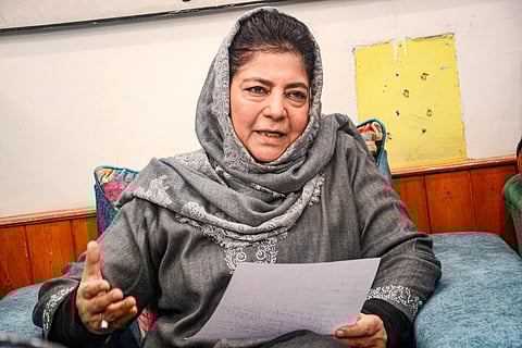 PDP President Mehbooba Mufti addresses a press conference at the party office, in Srinagar, Wednesday, Feb. 1, 2023. (Photo | PTI)