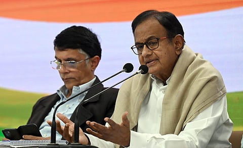Former Finance Minister and Congress leader P. Chidambaram address a press conference at the AICC HQ in New Delhi on Wednesday. (Photo | Shekhar Yadav, EPS)