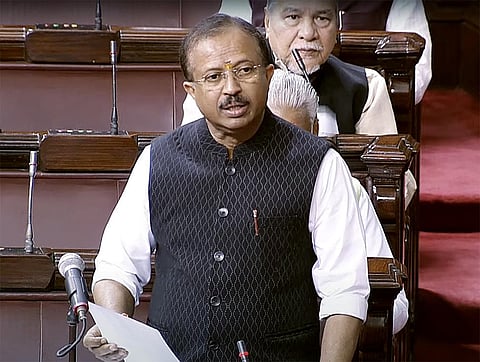 Union Minister of State for External Affairs V Muraleedharan speaks in the Rajya Sabha during the Budget Session of Parliament, in New Delhi, Feb. 9, 2023. (Photo | ANI)