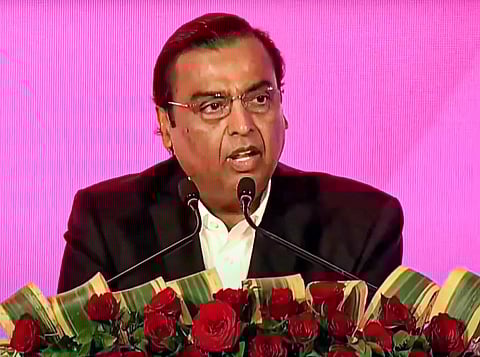 Industrialist Mukesh Ambani addresses during the inauguration of Uttar Pradesh Global Investors Summit 2023, in Lucknow, Feb. 10, 2023. (Photo | PTI)