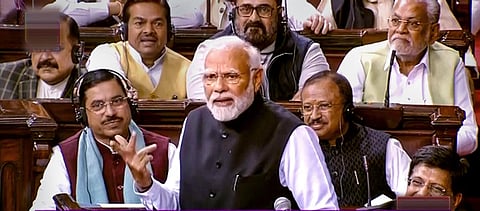 PM Narendra Modi replies to the Motion of Thanks on the President's address in the Rajya Sabha in New Delhi, Thursday, Feb. 9, 2023. (Photo | PTI)