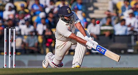 Indian captain Rohit Sharma celebrates his century during the 2nd day of the 1st test cricket match between India and Australia, at Vidarbha Cricket Association Stadium in Nagpur, Friday, Feb. 10, 202