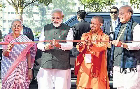 PM Narendra Modi inaugurates the three-day UP Global Investors Summit 2023, in Lucknow on Friday; also seen are Defence Minister Rajnath Singh, UP Governor Anandiben Patel and Chief Minister Yogi Adi