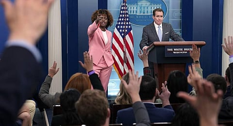 White House press secretary Karine Jean-Pierre, left, calls on a reporter during a briefing with National Security Council spokesman John Kirby right, at the White House. (Photo | AP)