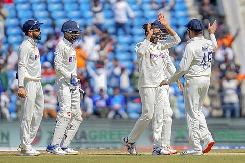 India's Ravindra Jadeja, celebrates with teammates the dismissal of Australia's Marnus Labuschagne during third day of the first cricket test match between India and Australia in Nagpur (Photo | AP)