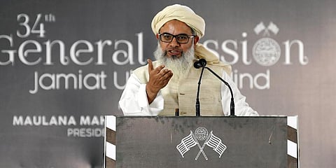 Jamiat Chief Maulana Mahmood Madani speaks during the 34th General Session of Jamiat Ulama-i-Hind at Ramlila Maidan, in New Delhi, Feb. 11, 2023. (Photo | ANI)