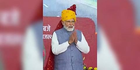 Prime Minister Narendra Modi during the inauguration of a section of Delhi-Mumbai Expressway and various other projects, in Dausa (Photo | PTI)