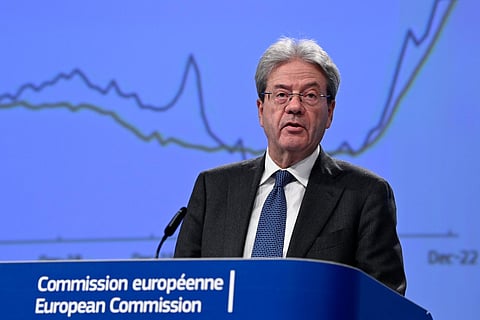 European Commissioner for the Economy Paolo Gentiloni gives a press conference on Winter 2023 Economic Forecast at the EU headquarters in Brussels, Feb. 13, 2023. (Photo | AFP)