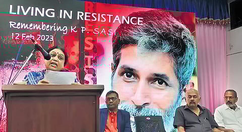 Shweta Sanjiv Bhatt speaking at ‘Living in Resistance’, a function held in remembrance of filmmaker and activist K P Sasi , at Achutha Menon Hall in Kochi on Sunday | Express