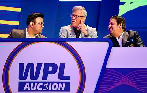 BCCI officials Jay Shah, Roger Binny and Rajeev Shukla during the inaugural Women's cricket Premier League Players Auction in Mumbai, Monday, Feb. 13, 2023. (Photo | PTI)