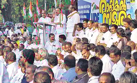 UDF convener M M Hassan at the inauguration of UDF’s day and night protest in front of the Secretariat against fuel cess. (Photo | B P Deepu)
