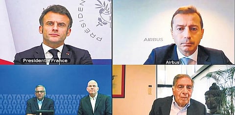 Prime Minister Narendra Modi interacts with French President Emmanuel Macron via video conferencing. Tata group’s Ratan Tata, Tata Sons Chairman N Chandrasekaran, Air India CEO Campbell Wilson and Air