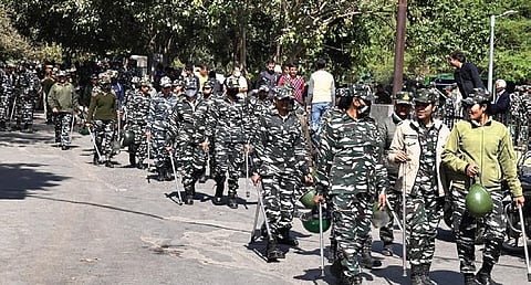 Heavy security during the demolition drive in Mehrauli on Tuesday. (Photo | Shekhar Yadav)