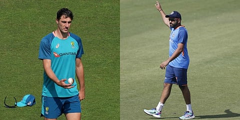 A collage of Indian skipper Rohit Sharma and his Australian counterpart Pat Cummins during a practice session at the Arun Jaitley Stadium in New Delhi, Feb. 15, 2023. (Photo | PTI, ANI)