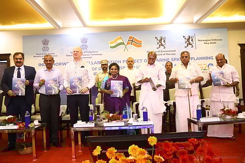Marine Spatial Plan of the Union Territory launched by Puducherry Lt Governor Dr Tamilisai Soundarajan, Feb. 14, 2023. (Photo | Express)
