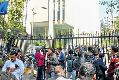 Media personnel outside the BBC office at KG Marg in New Delhi on Tuesday | PTI