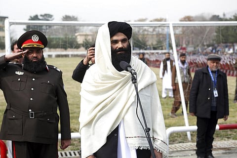 Taliban acting Interior Minister Sirajuddin Haqqani speaks during a graduation ceremony at the police academy in Kabul, Afghanistan, Saturday, March 5, 2022. (File Photo | AP)