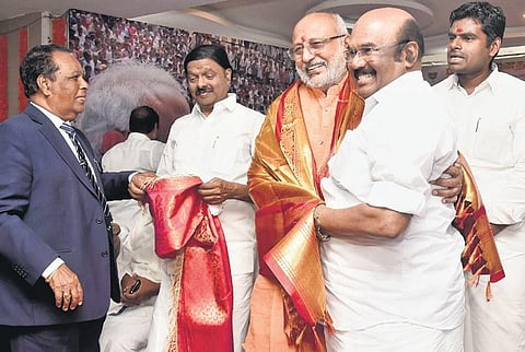 BJP leader and governor designate of Jharkhand, CP Radhakrishnan, being honoured by his party members in a function in Chennai on Wednesday | P jawahar