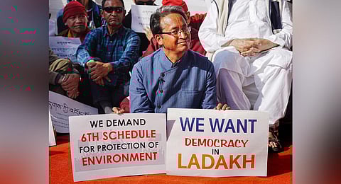Education reformist Sonam Wangchuk takes part in a sit-in protest with other protestors from Ladakh, at Jantar Mantar in New Delhi, February 15, 2023. (Photo | PTI)
