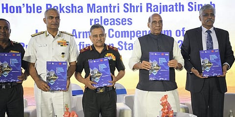 Defence Minister Rajnath Singh, Chief of Defence Staff General Anil Chauhan, Chief of Army Staff General Manoj Pande, Chief of Naval Staff Admiral R. Hari Kumar. (Photo | PTI)
