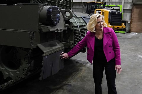 Secretary of the Army Christine Wormuth looks over the latest version of the M1A2 Abrams main battle tank as she tours the Joint Systems Manufacturing Center on Feb. 16, 2023, in Lima, Ohio | AP
