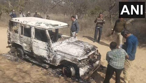 The charred vehicle that was recovered from the site. (Photo | ANI Twitter)