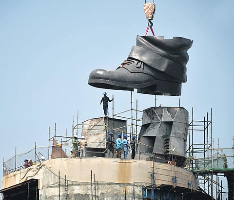 Construction works of Dr BR Ambedkar’s statue at PWD grounds underway in full swing in Vijayawada on Thursday | Prasant Madugula