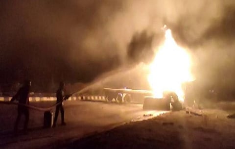 Four people burn alive in tanker-truck collision in Ajmer (Photo | ANI)