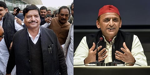 A collage of Samajwadi Party chief Akhilesh Yadav (R) and the party's National General Secretary Shivpal Singh Yadav. (File Photo | PTI)
