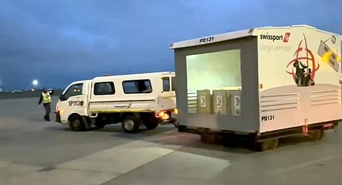 : Crates with cheetahs before being loaded into an IAF aircraft for their translocation from South Africa to India, at an airport in Johannesburg, South Africa. (Photo | PTI)