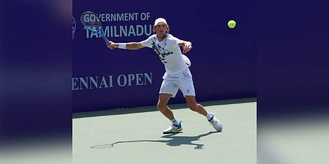Max Purcell in action against James Duckworth in the quarterfinals