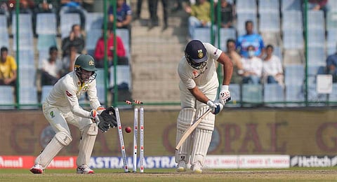 Rohit Sharma being bowled out by Australian bowler Nathan Lyon during the 2nd day of the 2nd test cricket match between India and Australia, at the Arun Jaitley Stadium, in New Delhi, Saturday. (PTI)